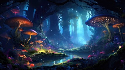 Enchanted forest scene with glowing mushrooms and magical atmosphere. Fantasy environment.