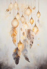 Feathers hanging from the ceiling and glowing lanterns with golden watercolor