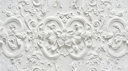 a stucco floral pattern on a wall within an elegantly decorated room. The image highlights the pattern's role in enhancing interior aesthetics. SEAMLESS PATTERN