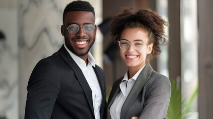 Smiling couple in business attire depicted in a portrait.