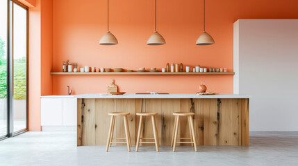 A kitchen with a white wall and orange accents