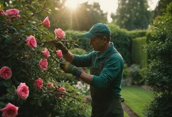 A gardener attentively trims rose bushes in a lush garden. The care for the roses is meticulous and dedicated.