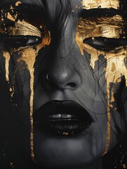 A woman with intricate gold paint designs on her face, creating a striking visual effect