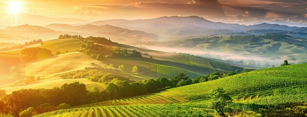 vineyards and lush green fields in the countryside during the vibrant summer season, offering a panoramic view that evokes a sense of tranquility and natural beauty.