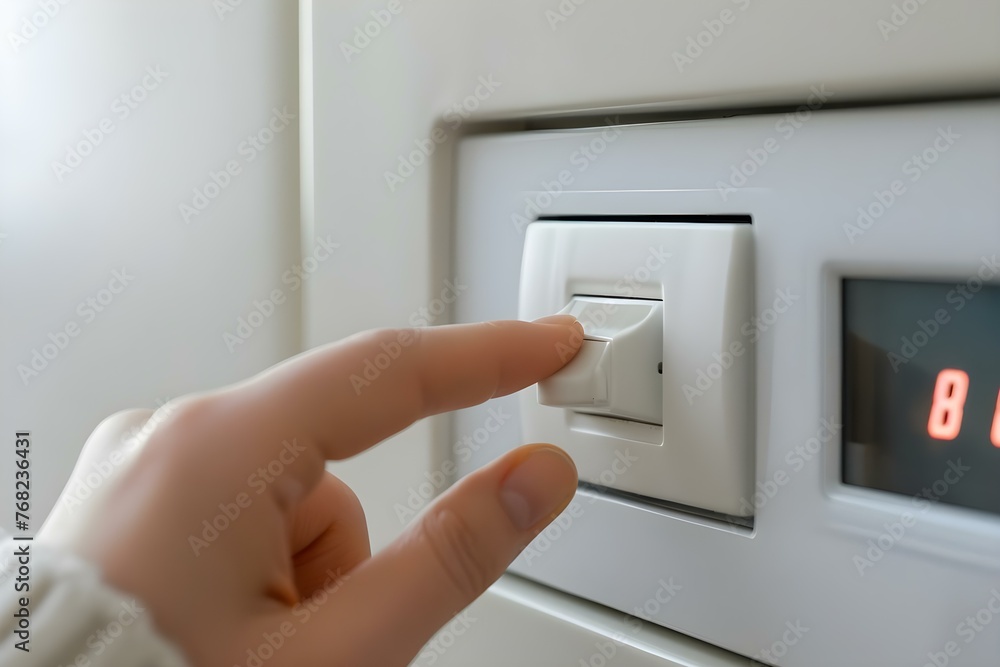 Poster closeup of a hand pressing a button on a switch panel of a household heating device. concept technol
