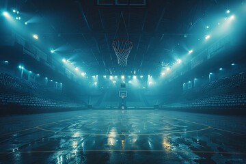 Explore an unpopulated basketball arena, stadium, or sports ground illuminated by dazzling flashlights, highlighting vacant fan seats that allude to the electric atmosphere poised  - obrazy, fototapety, plakaty