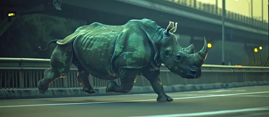 Fotobehang A holographic Javan rhinoceros gallops on a highway, symbolizing conservation urgency. Majestic form against urban backdrop reflects wildlife's plight and need for protection. 🦏🌆 © Elzerl