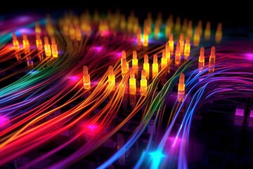 Intricate Web of Fiber Optic Cables Transmitting Data Signals