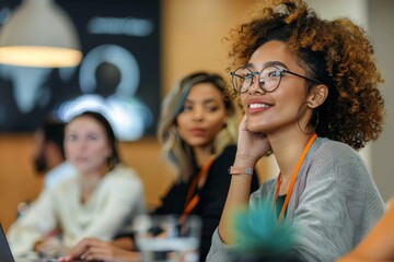 Attentive and diverse group of professionals wearing lanyards in an office meeting
