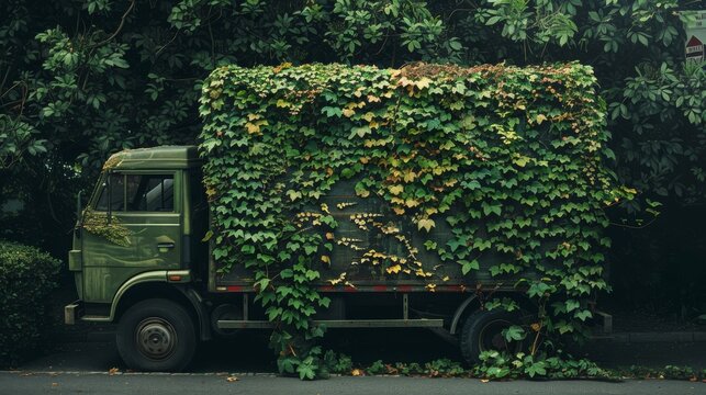 truck covered with green leaves, concept: sustainability in transportation, 16:9