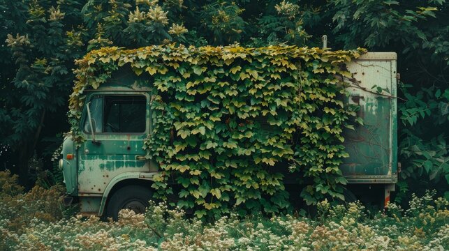 truck covered with green leaves, concept: sustainability in transportation, 16:9