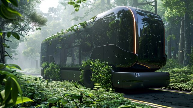 futuristic truck covered with green leaves on the road, concept: sustainability in transportation, 16:9
