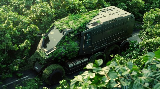 futuristic truck covered with green leaves on the road, concept: sustainability in transportation, 16:9