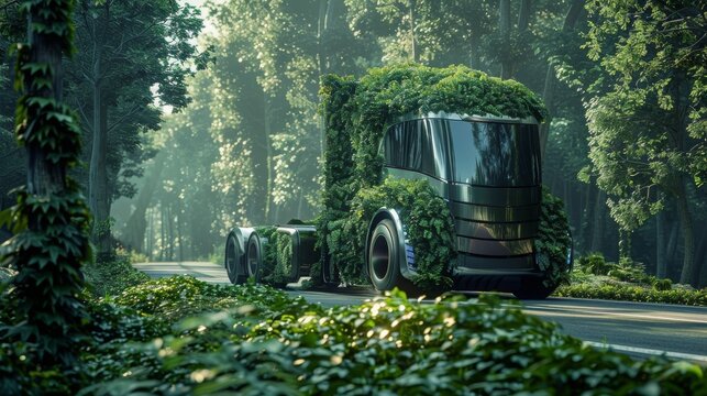 futuristic truck covered with green leaves on the road, concept: sustainability in transportation, 16:9