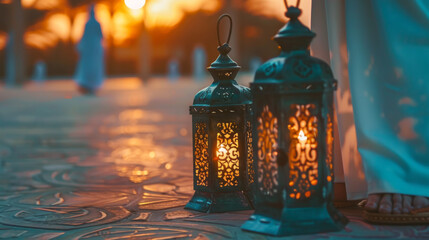 Ramadan lanterns glowing at dusk, casting patterns on tiled flooring, during the observance of Muslim traditions, Eid al-Fitr, and Eid al-Adha for design and print