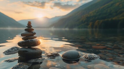 symmetrical balance, Stacked stones on the water, nature background, keep calm, copy and text space, 16:9 - obrazy, fototapety, plakaty