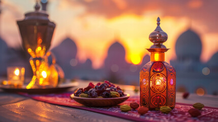Fototapeta na wymiar Iftar setting with traditional lanterns and a plate of dates at sunset, celebrating the spirit of Ramadan, Eid al-Fitr, and Eid al-Adha for design and print