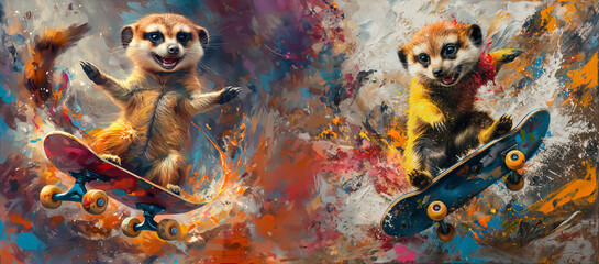 Meerkats skateboarding with painted splashes. Dynamic moment as meerkats on skates makes a splash in vibrant paint, symbolizing creativity, freedom, and self-expression.