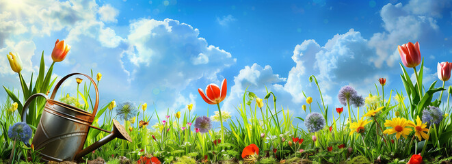 Bright crazy gardening background, blue sky with clouds, green grass, spring flowers like tulips and alliums - obrazy, fototapety, plakaty