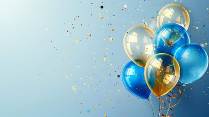 Blue and gold balloons with gold confetti on a blue background for party or celebration.