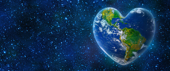 Earth in the shape of a heart, ecology and environment concept  -  elements of this image furnished by NASA, Banner with Copy Space