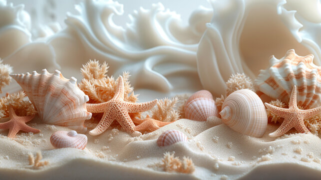 Sea shells and starfish on an abstract white background