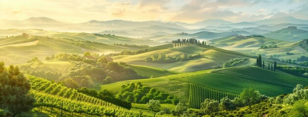 vineyards and lush green fields in the countryside during the vibrant summer season, offering a...