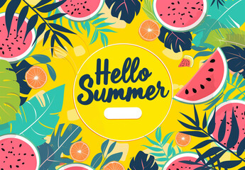 A vibrant summer banner with the text "Happy Summer" in a bold, playful font on a lush yellow background filled with tropical elements such as palm trees and watermelon slices