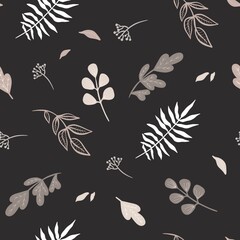 Grey botanical magic floral wildflowers seamless pattern, black background