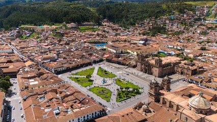 Aerial drone view of Cusco Cuzco Inca city in Peru