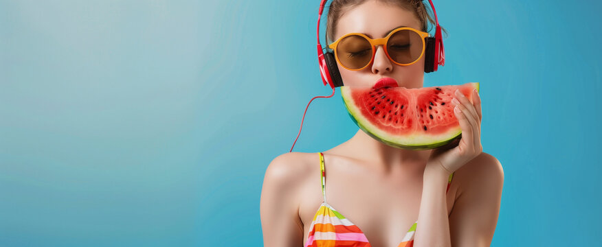 Young woman in sunglasses and colorful striped dress holding a slice of watermelon and blowing a kiss sign on a blue background,