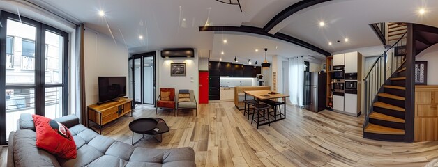 a kitchen and living room with wooden accents, featuring a panoramic view that includes stairs ascending to the second floor, blending modern aesthetics with rustic charm.