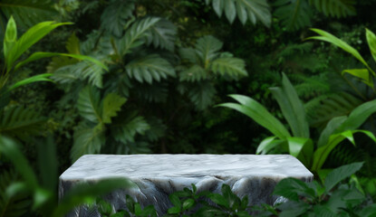 marble base for product presentation in the tropical forest