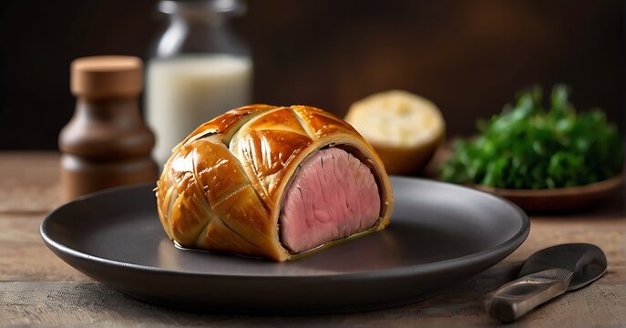 a stunning realistic food photograph featuring a Beef Wellington, beautifully decorated with intricate details with a focus on exquisite plating and attention to detail