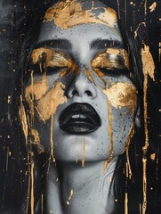 A womans face adorned with gold paint, creating a striking and visually interesting look