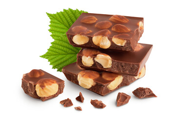 Chocolate with hazelnuts isolated on white background with full depth of field.