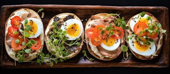 A wooden tray is displayed with four different types of food - rice cake open-faced sandwiches topped with cream cheese, veggies, and tiny quail eggs, creating a healthful breakfast spread. - obrazy, fototapety, plakaty