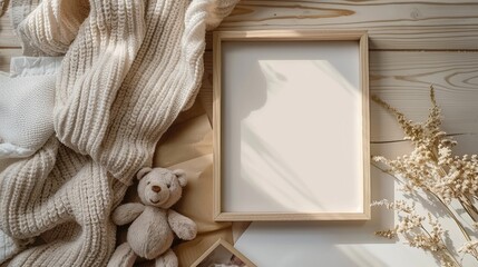 a modern minimalistic square wooden frame mockup on a light wood table, complemented by a teddy bear toy and baby blanket, all bathed in soft beige tones and warm lighting, captured from a top view.