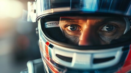 Close-up of focused male race car driver in helmet, ready to compete, on dark background.