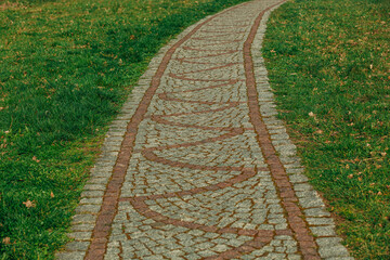 Brick way with grass on sides, Poland - 768238659
