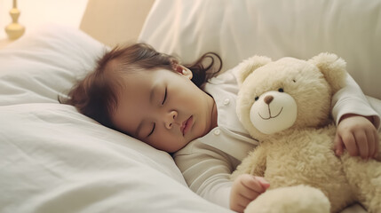 Obraz na płótnie Canvas A young child is sleeping with a teddy bear