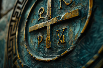 A gold and blue cross with the letters P and X on it
