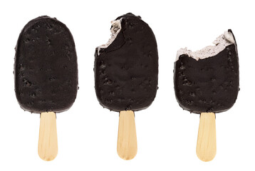 Bitten Ice cream bar with chocolate coating isolated on white background.