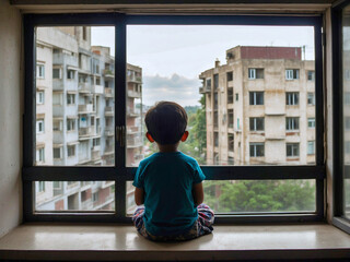 a young boy sitting alone by a window, gazing out at apartment buildings in an urban setting - obrazy, fototapety, plakaty