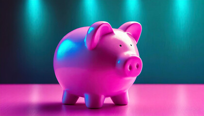 Pink piggy bank on a pink table facing sideways with teal lit background