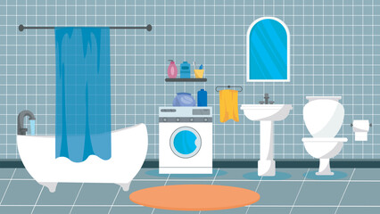Vector illustration of modern bathroom interior design. It features a bathtub, sink, washing machine, toilet and mirror, and a variety of bathroom accessories on shelves.