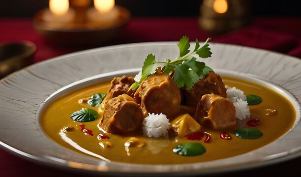 a stunning realistic food photograph featuring a Curry, beautifully decorated with intricate details with a focus on exquisite plating and attention to detail