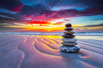 A pile of rocks on a wet sand line of a quiet beach at sunset. Stones pyramid on the seashore at sunset. nature, beach, stone, summer, meditation, peace, relax - obrazy, fototapety, plakaty