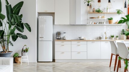 A refrigerator conveniently located next to a kitchen counter, complemented by white cabinetry and contemporary devices, adjacent to a living area in a chic apartment adorned with decorative elements