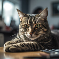 Tabby cat laying on a table.